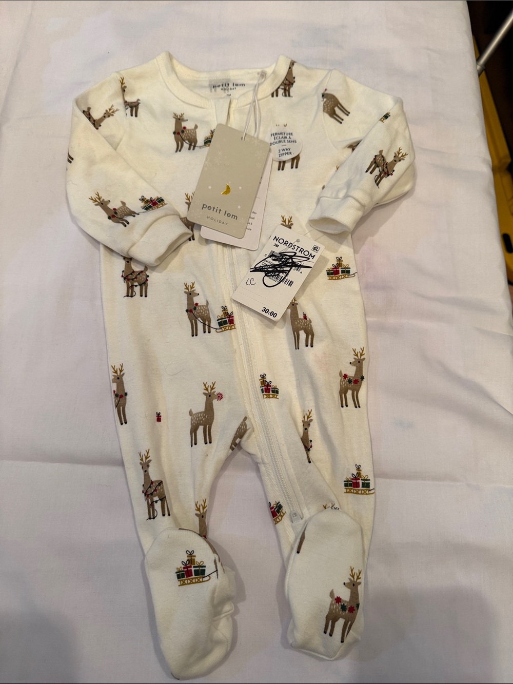 Petit Lem Cream Reindeer & Gift Print Footed One-Piece